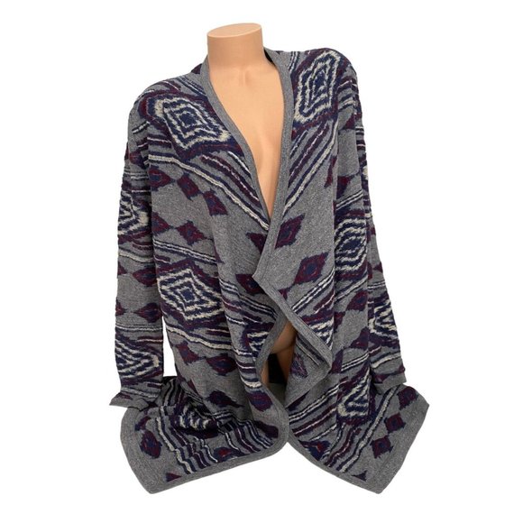 Lucky Brand Women's SMALL Wool Blend Aztec Boho Open‎ Long Cardigan Gray Blue - Picture 1 of 7